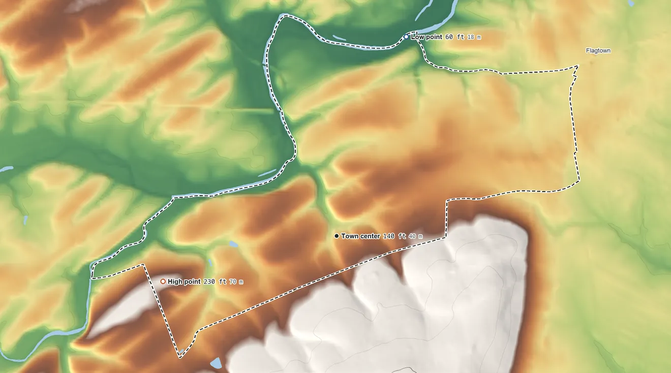 Topographic elevation map of Neshanic, New Jersey, shaded from 60 ft on the north side to 230 ft on the west edge, below higher ground just outside