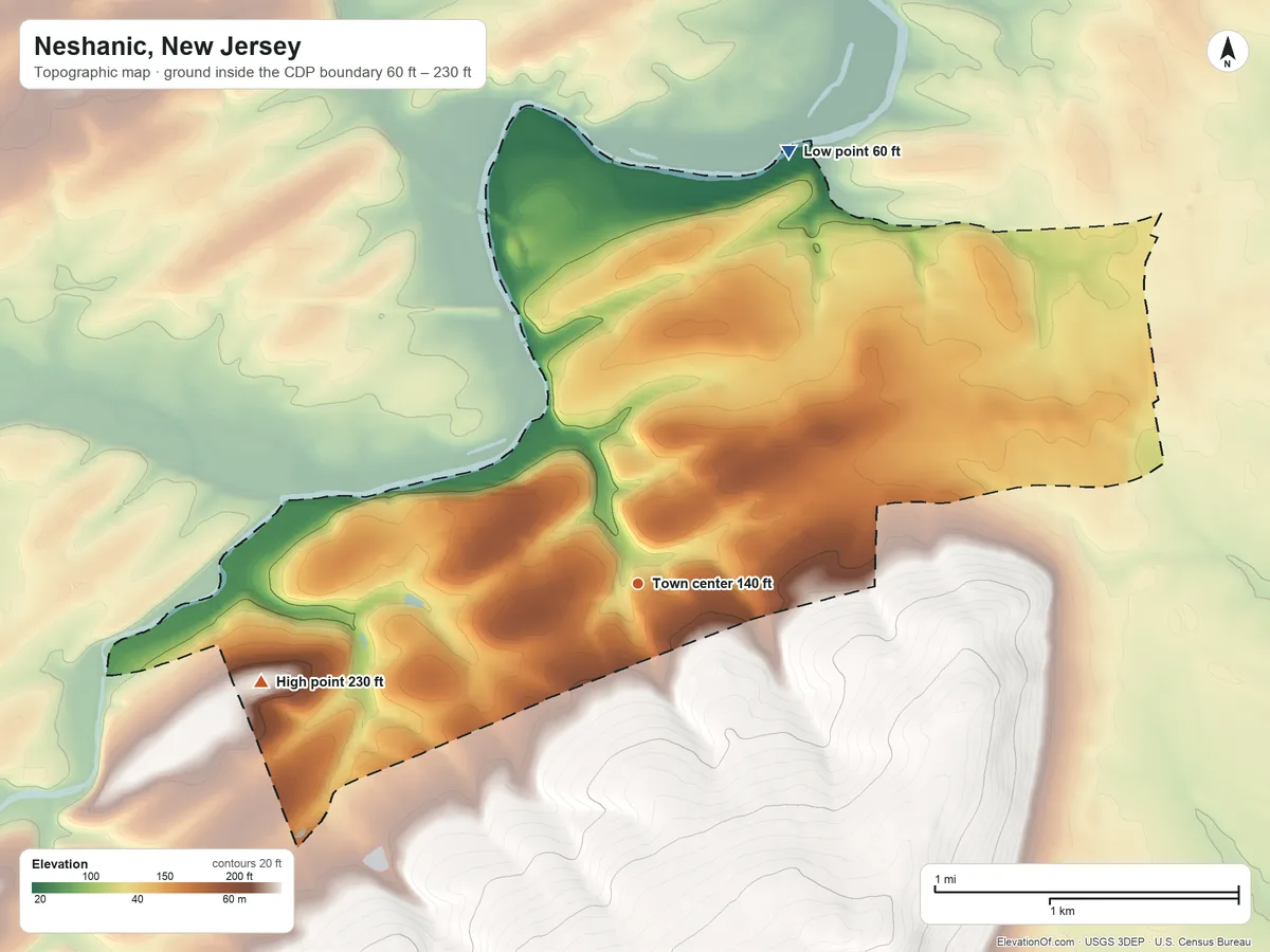 Topographic elevation map of Neshanic, New Jersey, shaded from 60 ft on the north side to 230 ft on the west edge, below higher ground just outside
