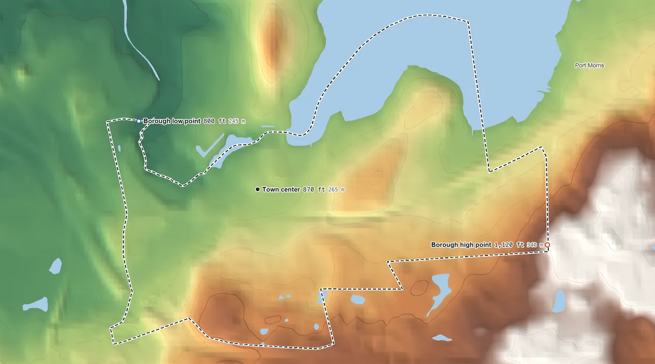Topographic elevation map of Netcong, New Jersey, shaded from 800 ft on the northwest side to 1,120 ft on the east side