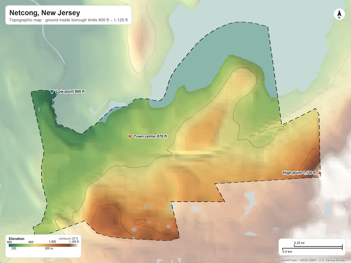 Topographic elevation map of Netcong, New Jersey, shaded from 800 ft on the northwest side to 1,120 ft on the east side