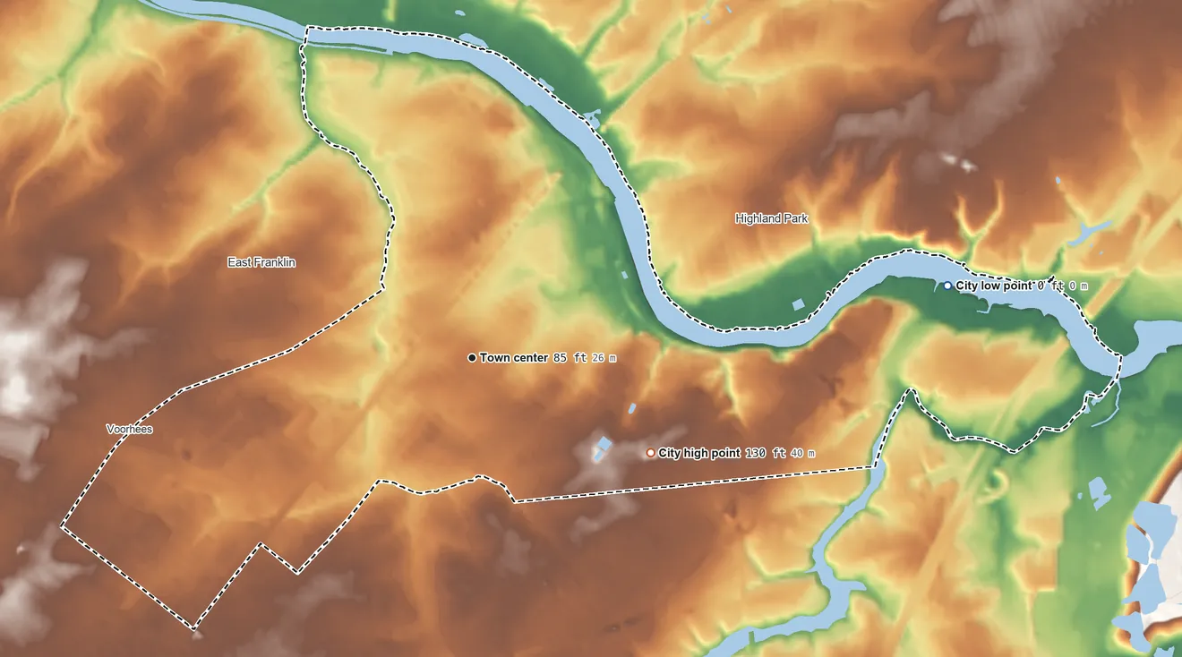 Topographic elevation map of New Brunswick, New Jersey, shaded from 0 ft on the east side to 130 ft on the southeast side