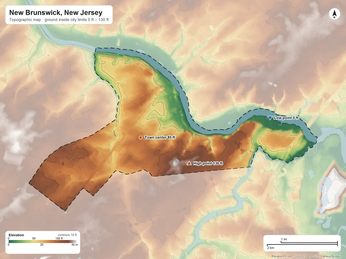 Topographic elevation map of New Brunswick, New Jersey, shaded from 0 ft on the east side to 130 ft on the southeast side
