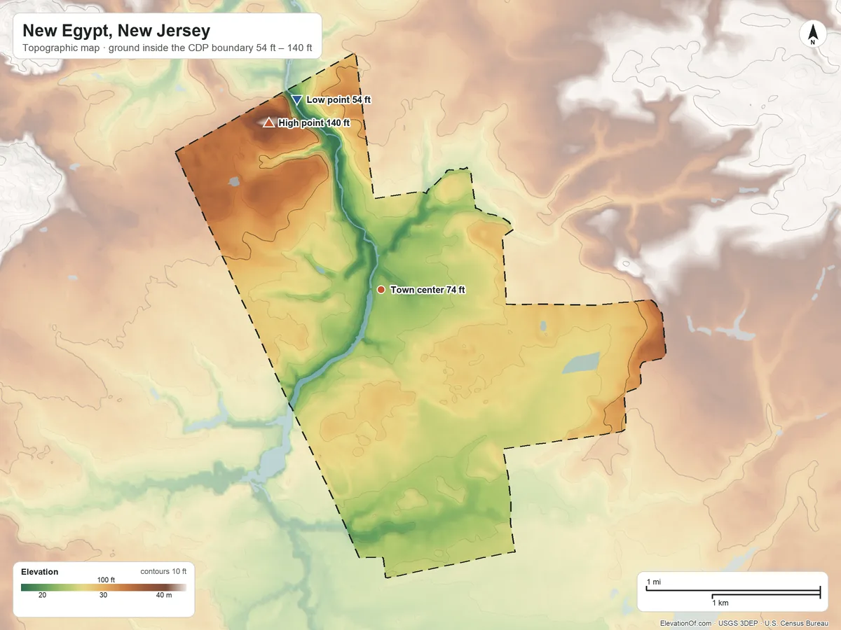 Topographic elevation map of New Egypt, New Jersey, shaded from 54 ft on the northwest side to 140 ft on the northwest side