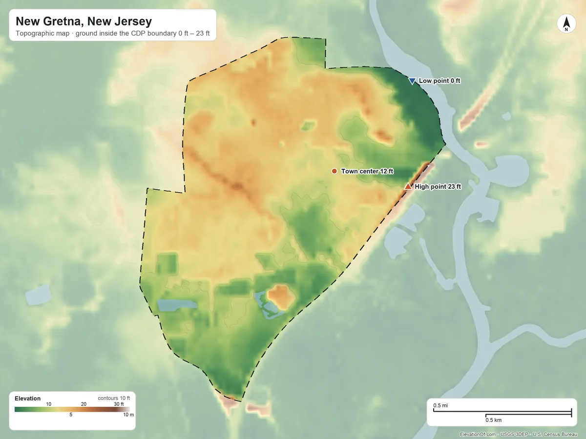 Topographic elevation map of New Gretna, New Jersey, shaded from 0 ft on the northeast side to 23 ft on the east side