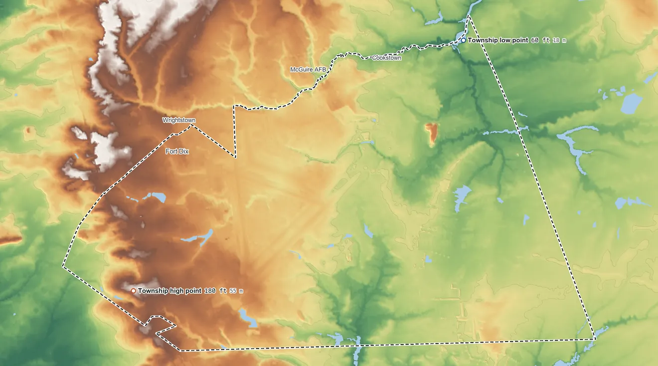 Topographic elevation map of New Hanover Township, New Jersey, shaded from 60 ft on the northeast side to 180 ft on the southwest side