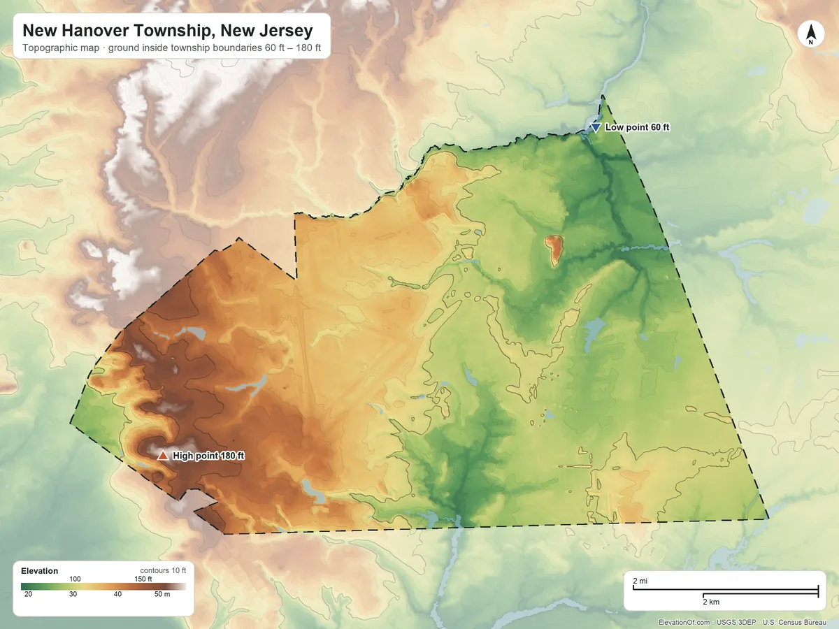 Topographic elevation map of New Hanover Township, New Jersey, shaded from 60 ft on the northeast side to 180 ft on the southwest side