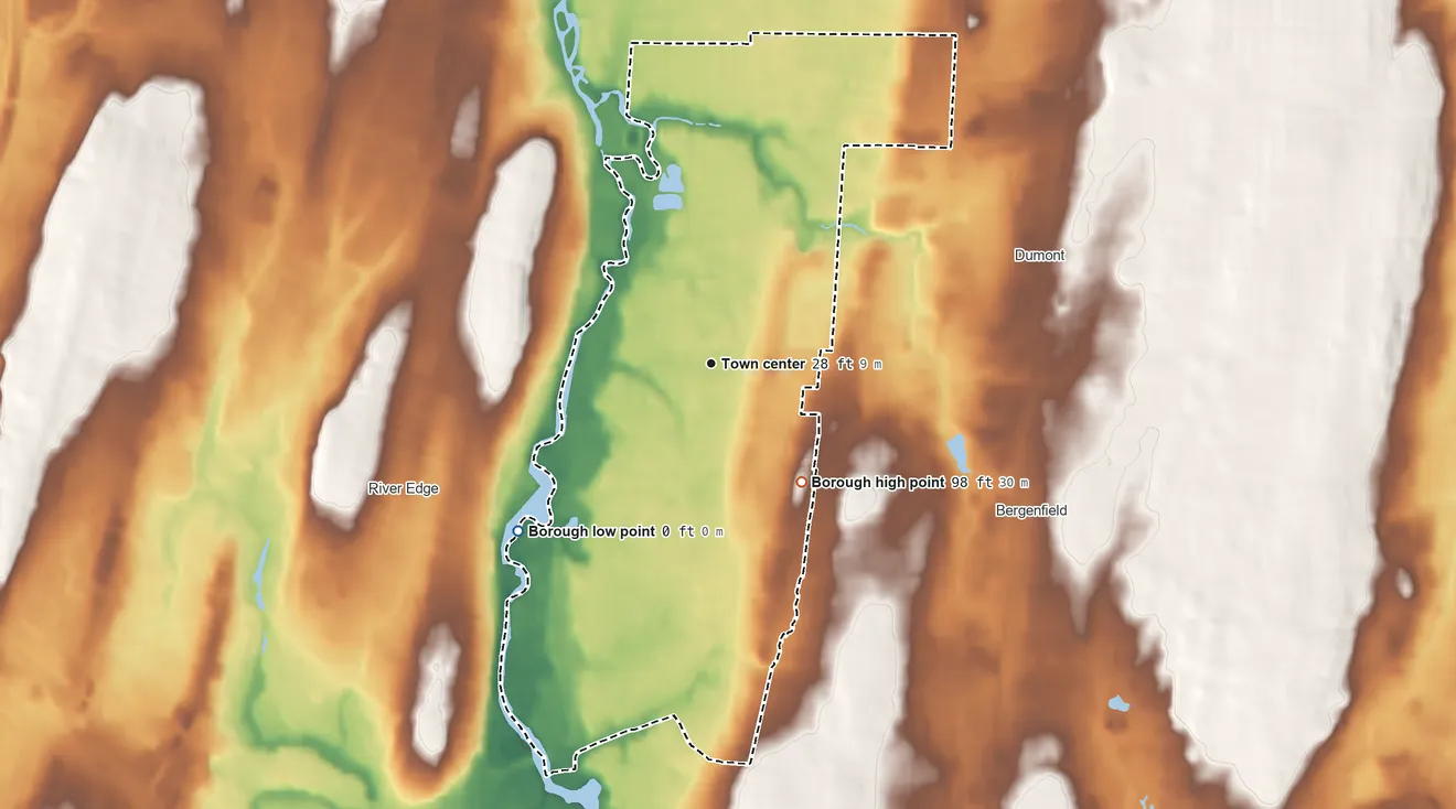 Topographic elevation map of New Milford, New Jersey, shaded from 0 ft on the southwest side to 98 ft on the southeast side