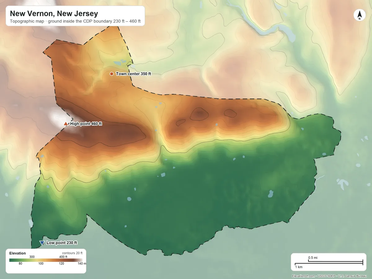 Topographic elevation map of New Vernon, New Jersey, shaded from 230 ft on the south side to 460 ft on the southwest side
