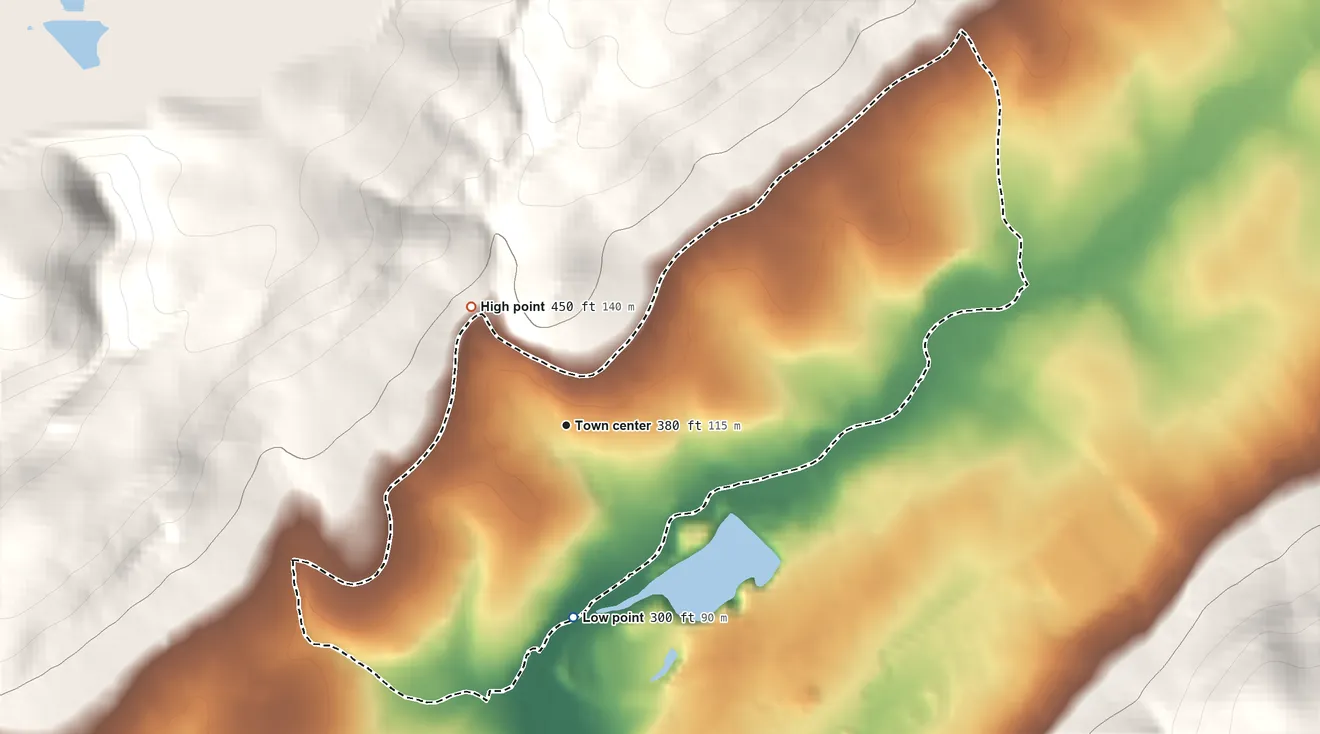 Topographic elevation map of New Village, New Jersey, shaded from 300 ft on the south side to 450 ft on the northwest edge, below higher ground just outside