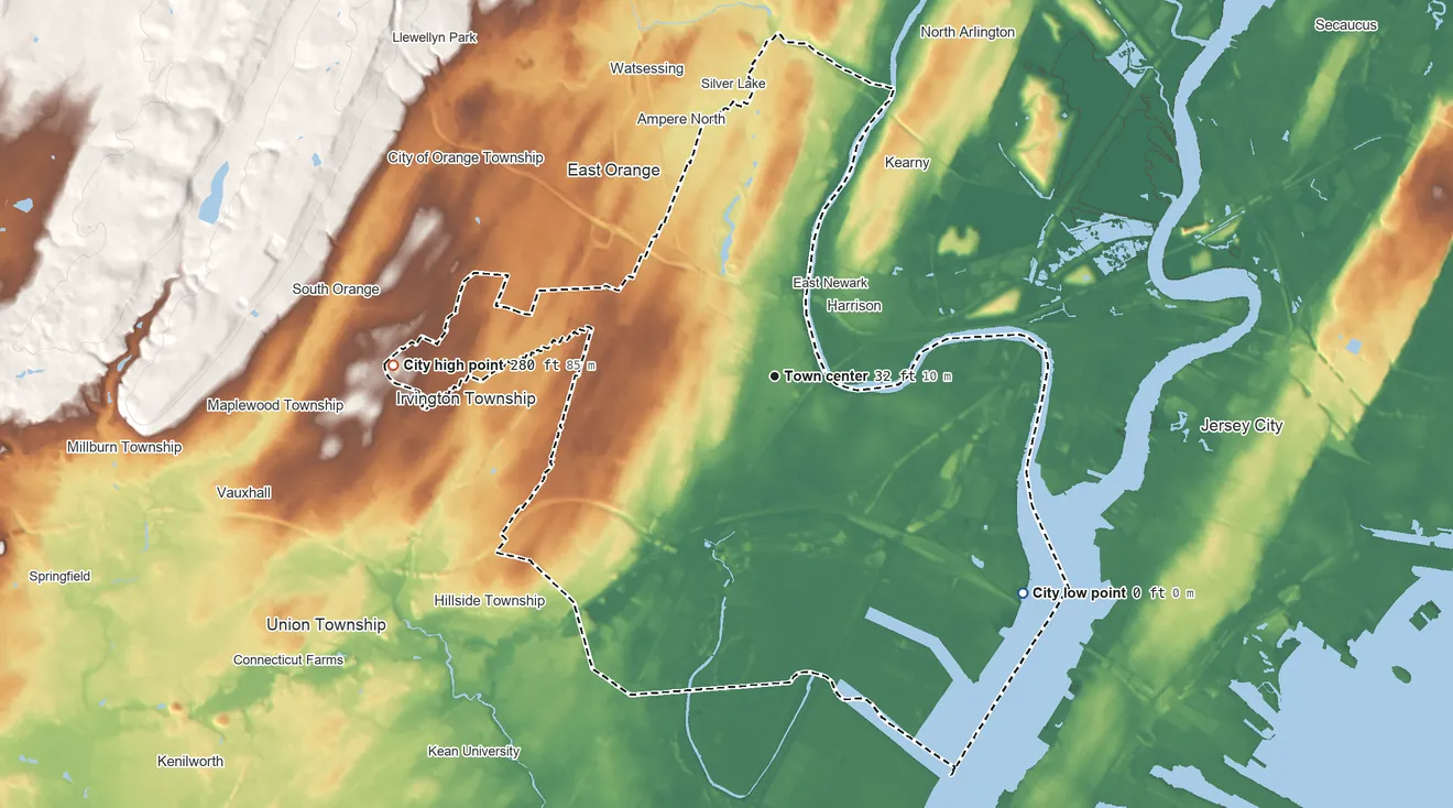 Topographic elevation map of Newark, New Jersey, shaded from sea level level on Newark Bay to 280 ft on the west side