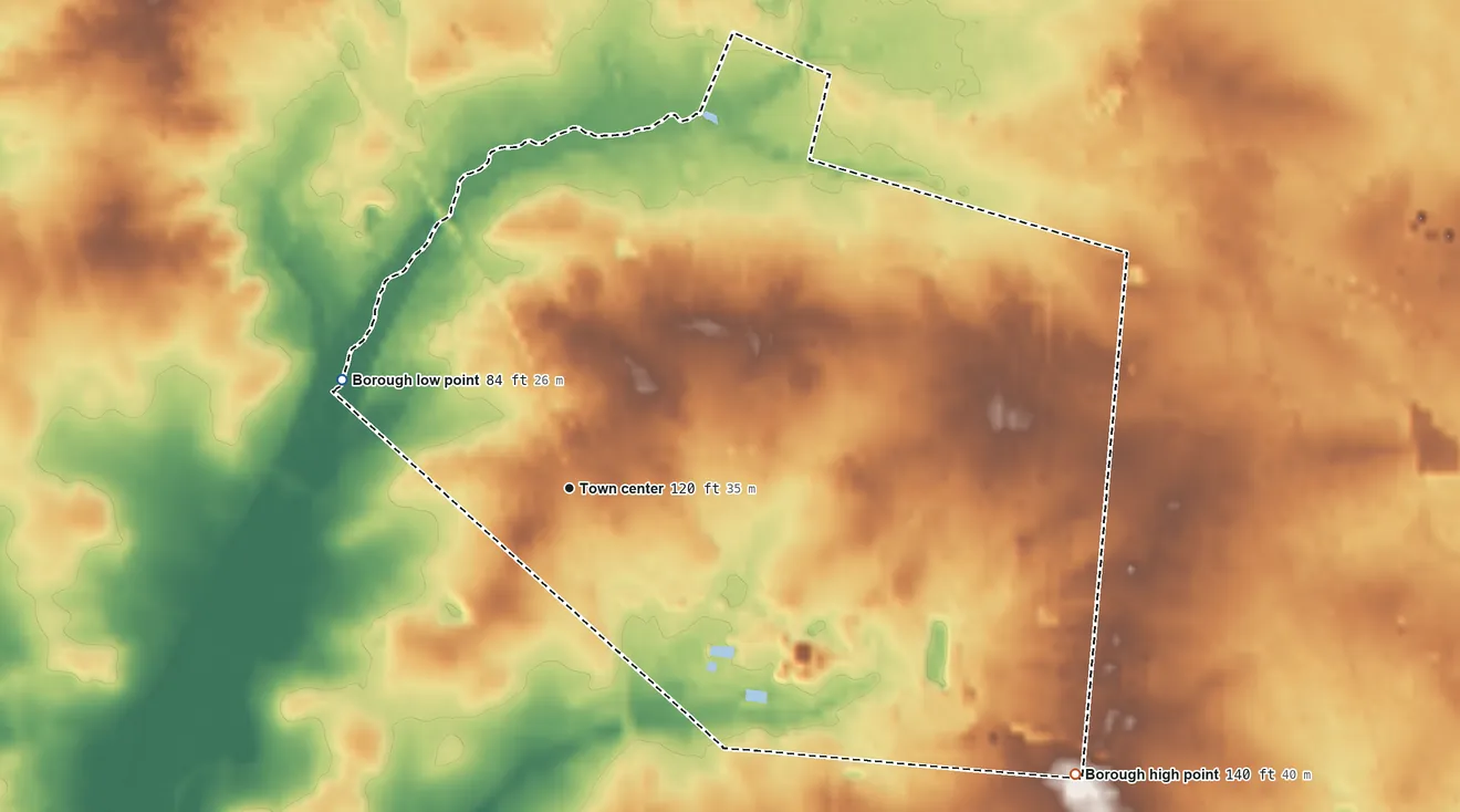 Topographic elevation map of Newfield, New Jersey, shaded from 84 ft on the northwest side to 140 ft on the southeast side