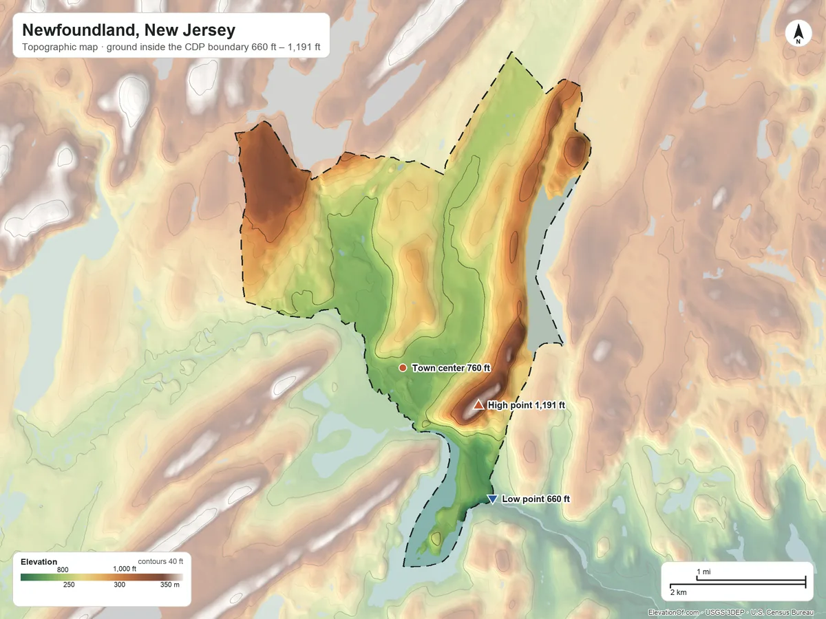 Topographic elevation map of Newfoundland, New Jersey, shaded from 660 ft on the southeast side to 1,191 ft on Kanouse Mountain