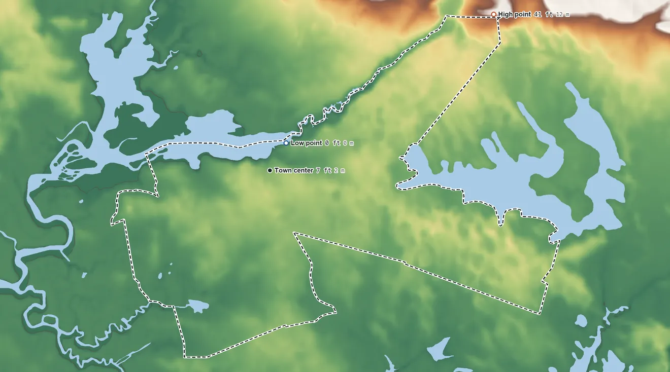Topographic elevation map of Newport, New Jersey, shaded from 0 ft near the middle to 41 ft on the northeast side