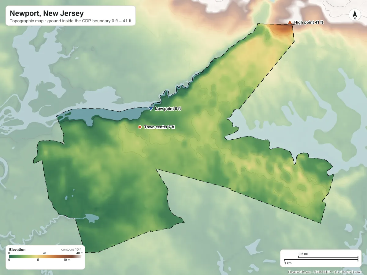 Topographic elevation map of Newport, New Jersey, shaded from 0 ft near the middle to 41 ft on the northeast side