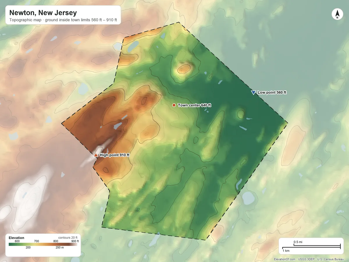 Topographic elevation map of Newton, New Jersey, shaded from 560 ft on the east side to 910 ft on the southwest side