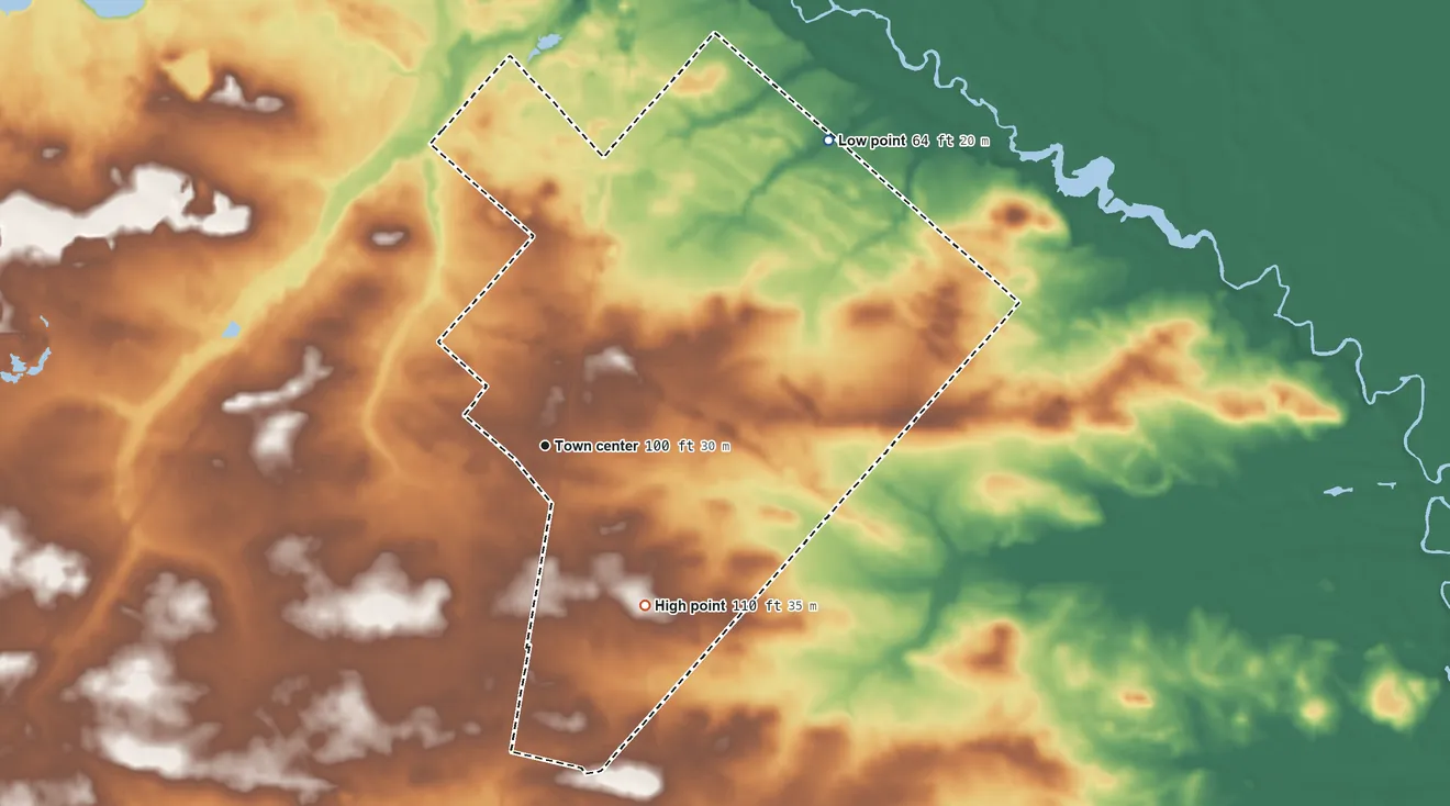 Topographic elevation map of Newtonville, New Jersey, shaded from 64 ft on the northeast side to 110 ft on the southeast side