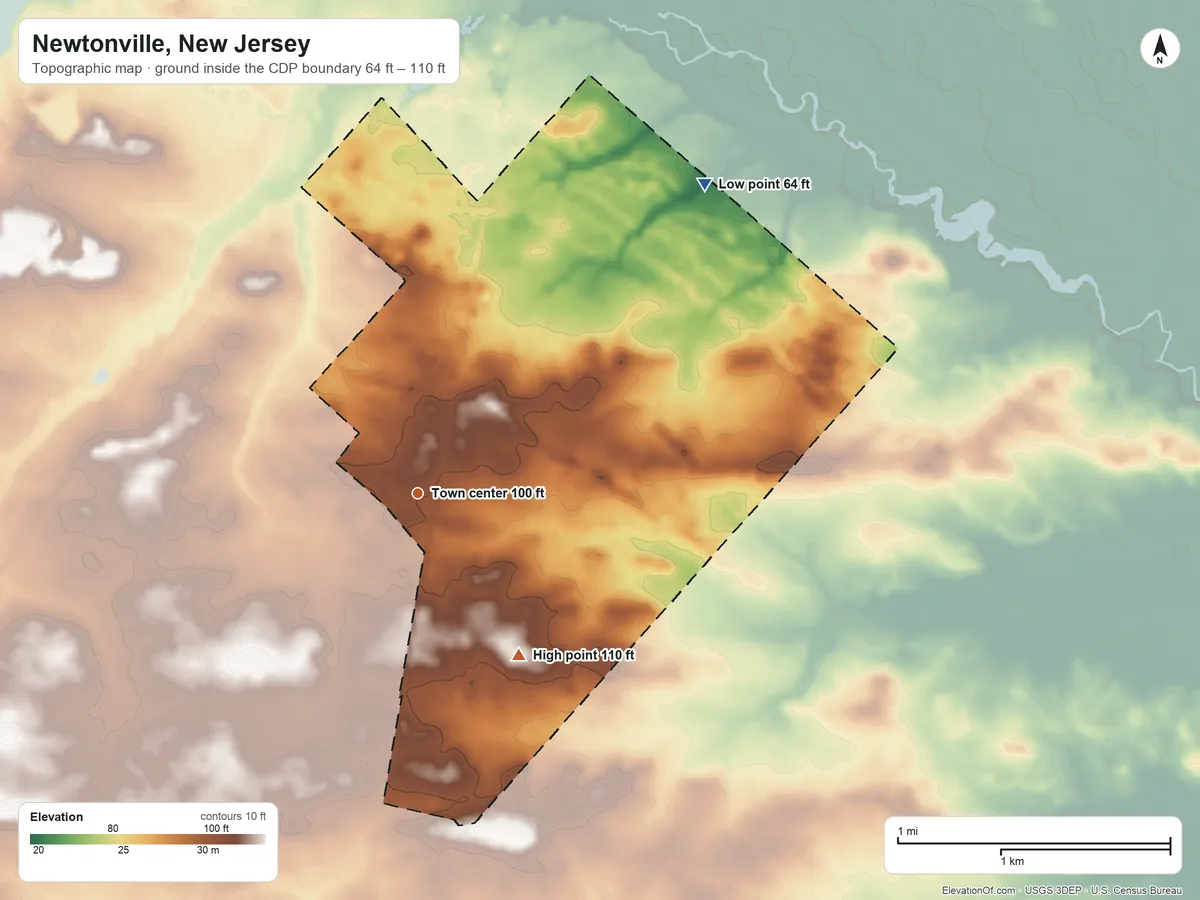 Topographic elevation map of Newtonville, New Jersey, shaded from 64 ft on the northeast side to 110 ft on the southeast side