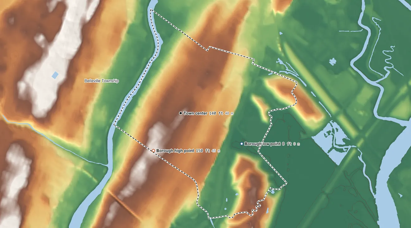 Topographic elevation map of North Arlington, New Jersey, shaded from 0 ft on the southeast side to 150 ft on the southwest side