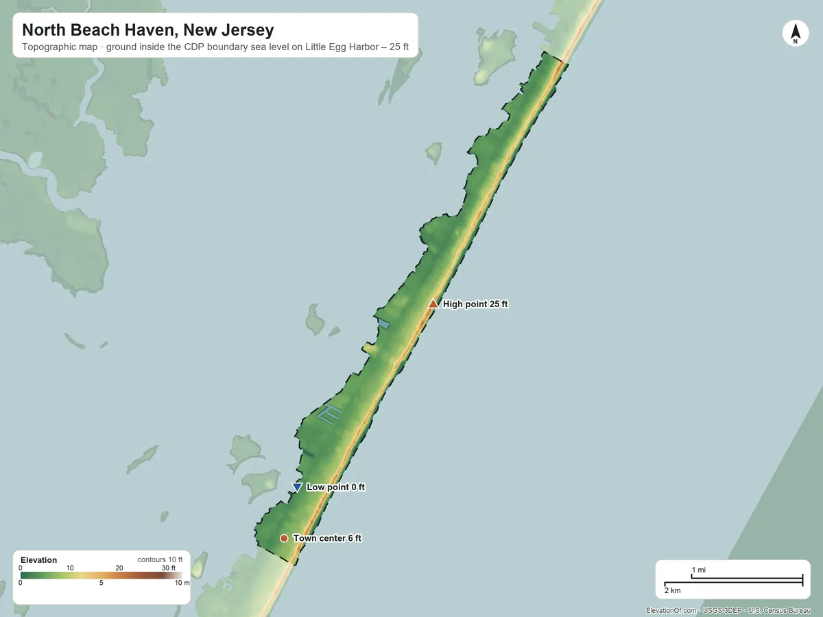 Topographic elevation map of North Beach Haven, New Jersey, shaded from sea level level on Little Egg Harbor to 25 ft on the northeast side
