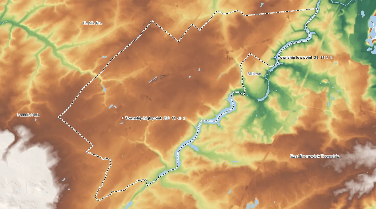 Topographic elevation map of North Brunswick Township, New Jersey, shaded from 21 ft on the east side to 150 ft on the southwest side