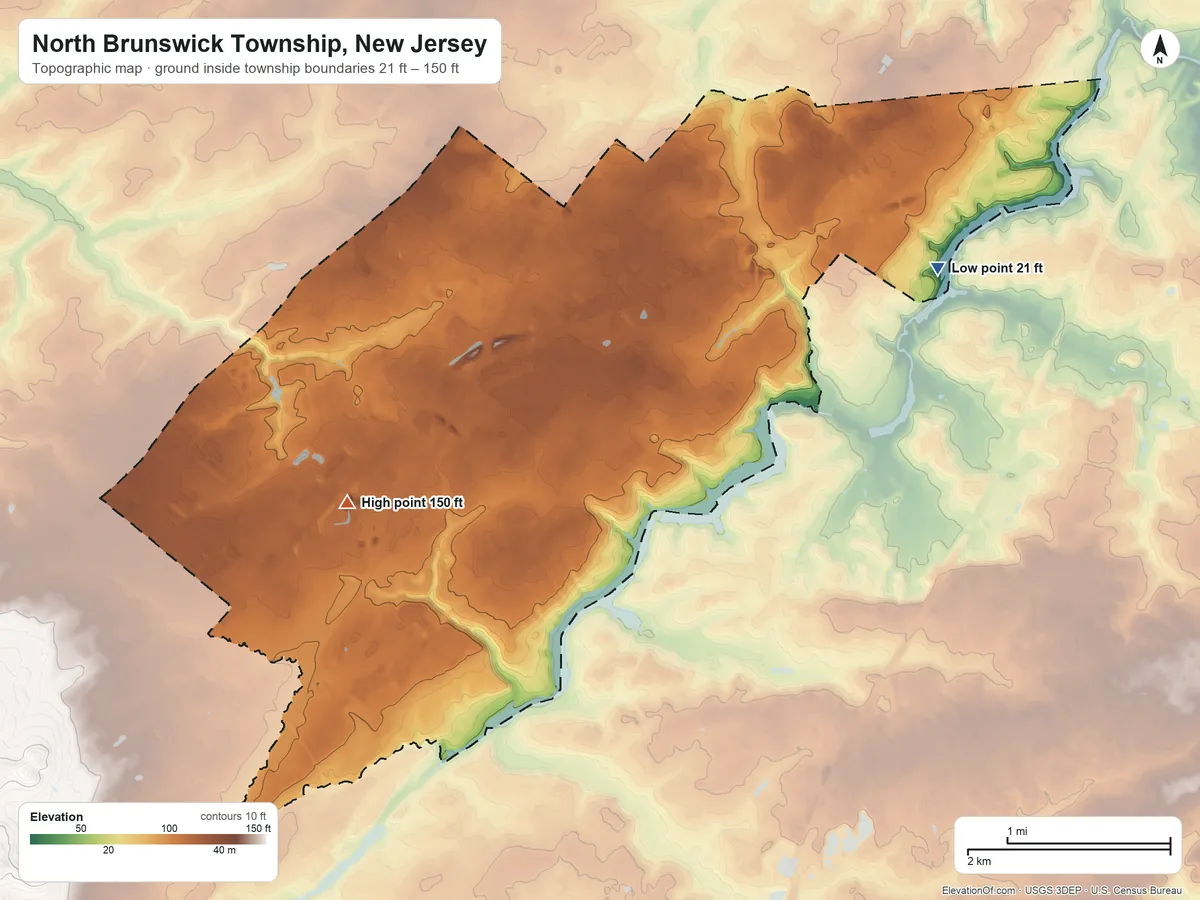 Topographic elevation map of North Brunswick Township, New Jersey, shaded from 21 ft on the east side to 150 ft on the southwest side