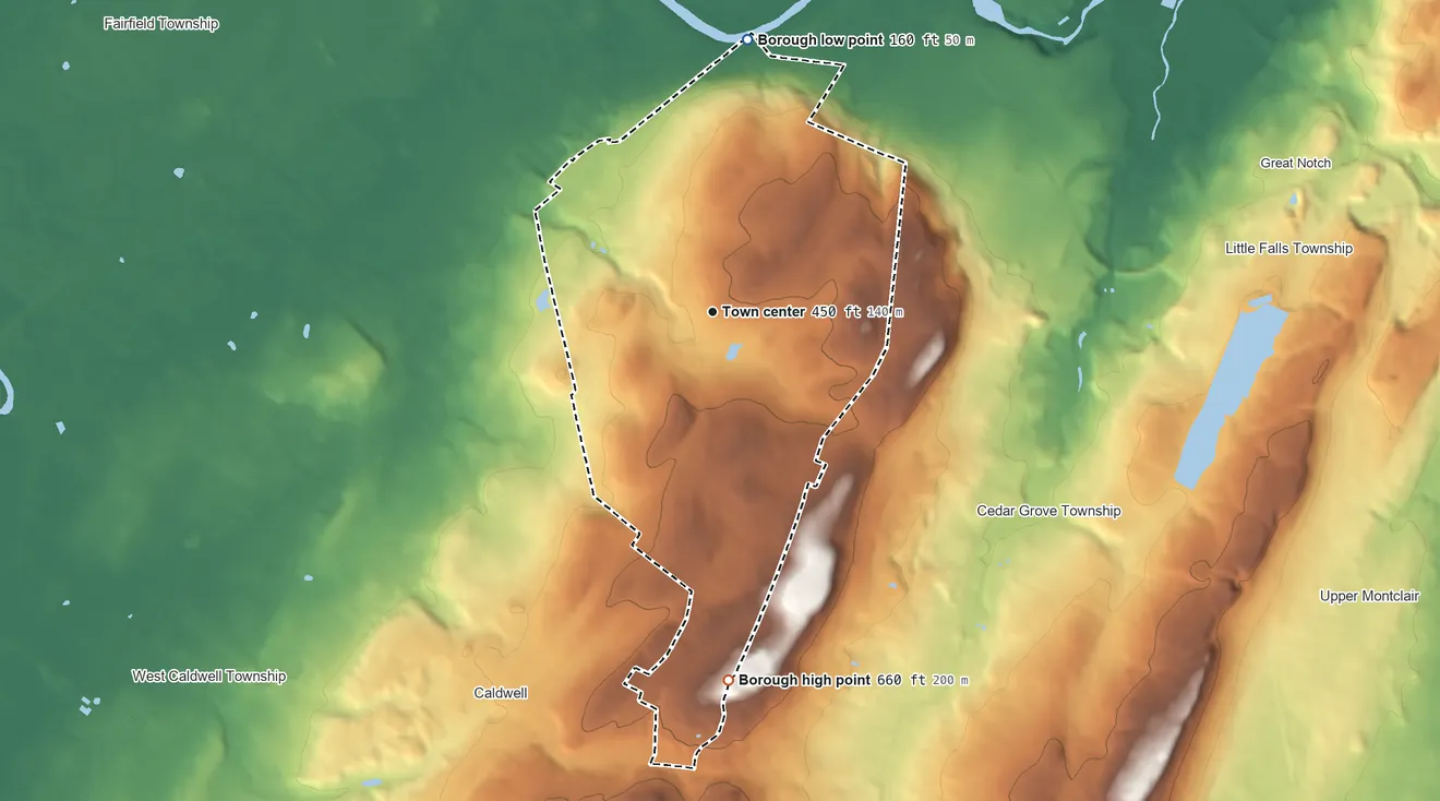 Topographic elevation map of North Caldwell, New Jersey, shaded from 160 ft on the north side to 660 ft on the south side