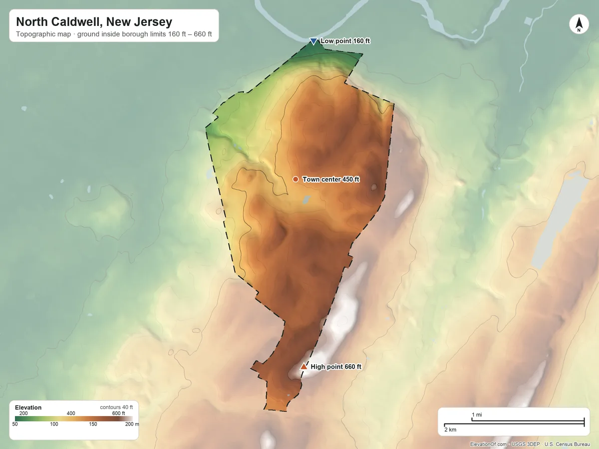 Topographic elevation map of North Caldwell, New Jersey, shaded from 160 ft on the north side to 660 ft on the south side