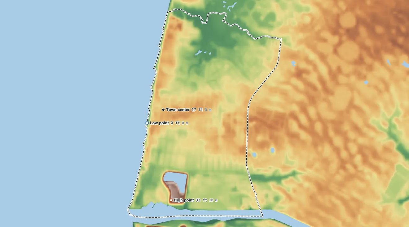 Topographic elevation map of North Cape May, New Jersey, shaded from sea level level on Delaware Bay to 33 ft on the south side