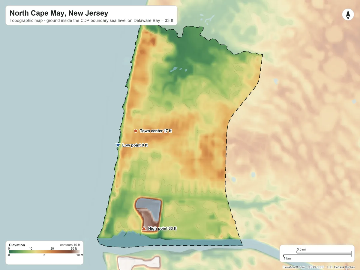 Topographic elevation map of North Cape May, New Jersey, shaded from sea level level on Delaware Bay to 33 ft on the south side