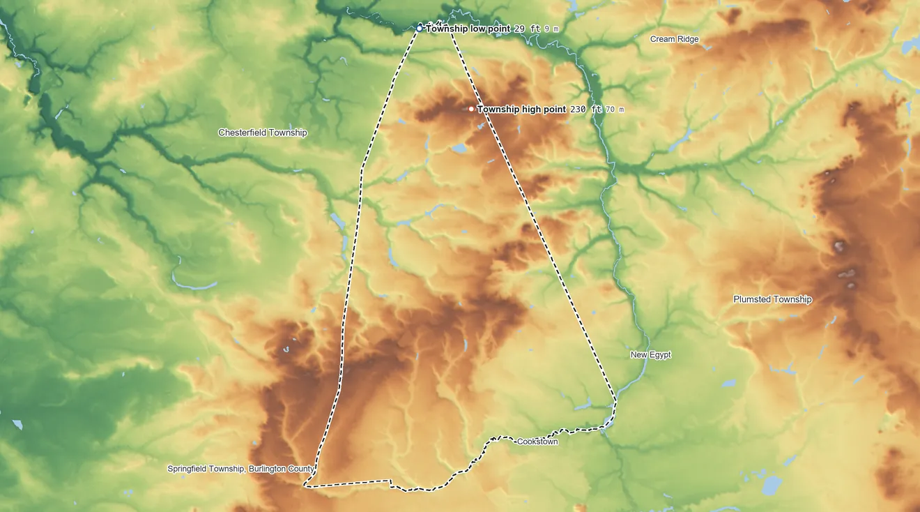 Topographic elevation map of North Hanover Township, New Jersey, shaded from 29 ft on the north side to 230 ft on the north side