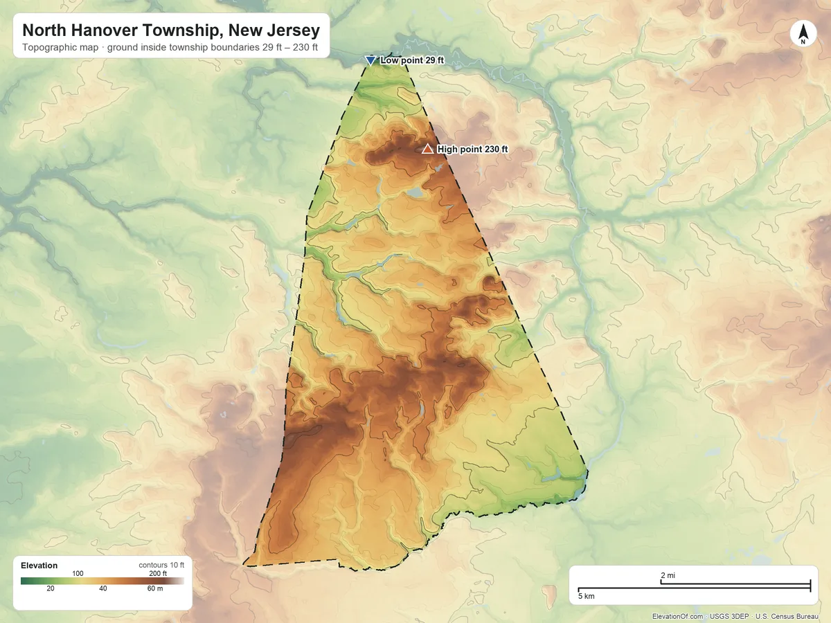 Topographic elevation map of North Hanover Township, New Jersey, shaded from 29 ft on the north side to 230 ft on the north side