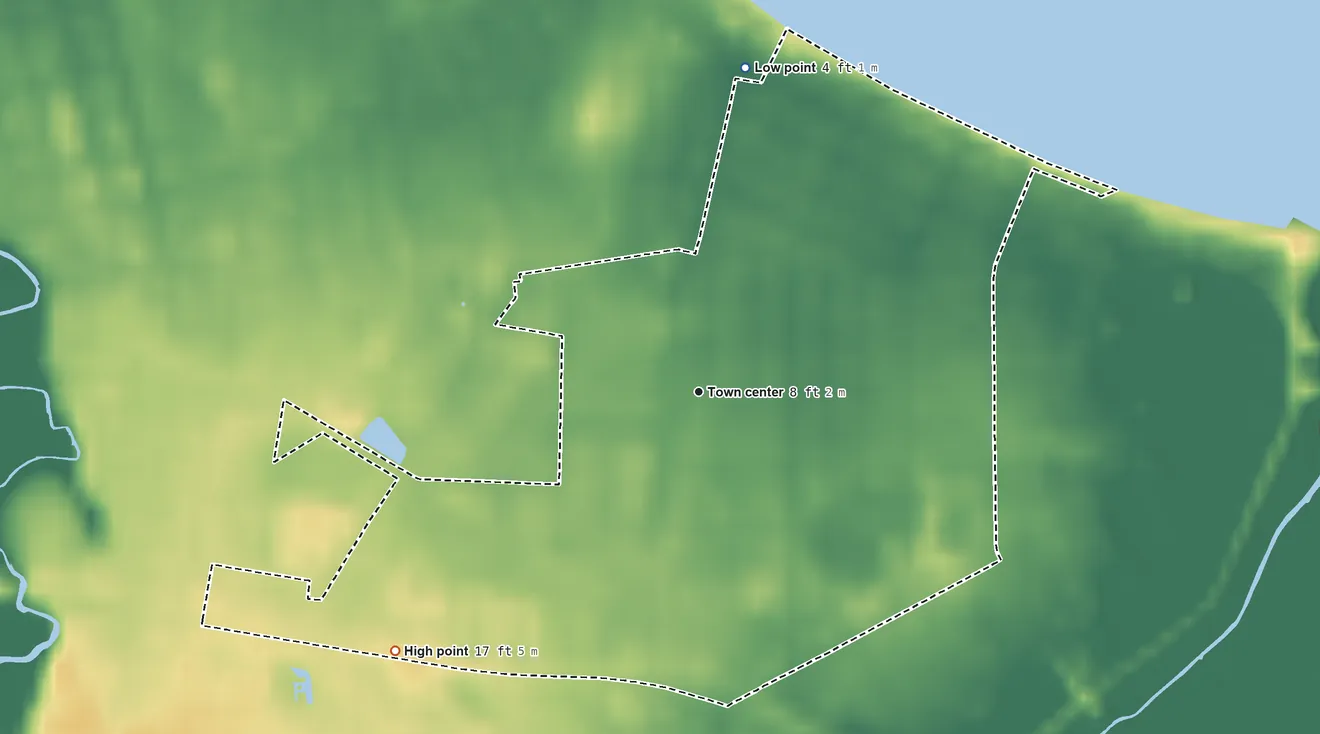 Topographic elevation map of North Middletown, New Jersey, shaded from 4 ft on the north side to 17 ft on the southwest side