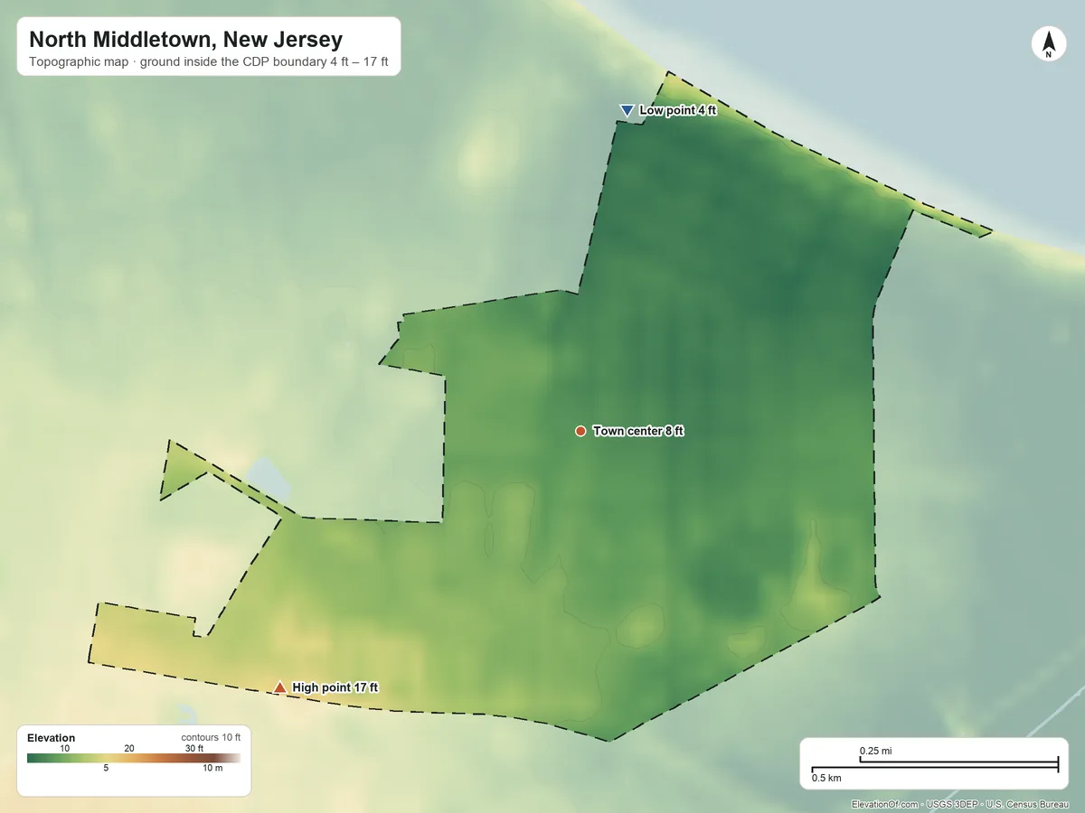Topographic elevation map of North Middletown, New Jersey, shaded from 4 ft on the north side to 17 ft on the southwest side
