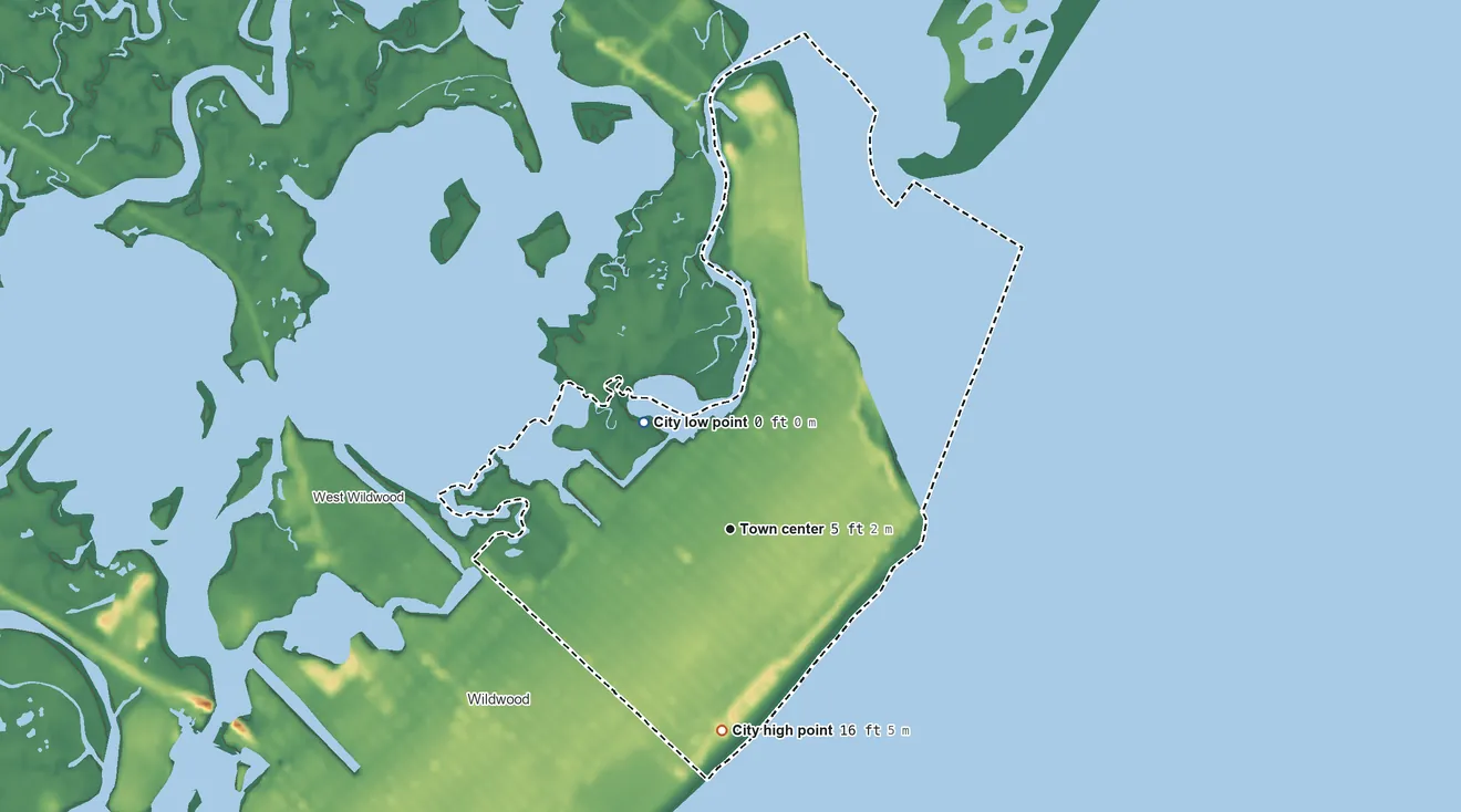 Topographic elevation map of North Wildwood, New Jersey, shaded from sea level level on the Ottens Basin to 16 ft on the south side