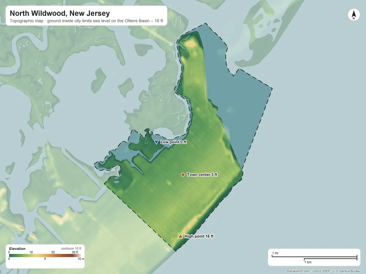Topographic elevation map of North Wildwood, New Jersey, shaded from sea level level on the Ottens Basin to 16 ft on the south side