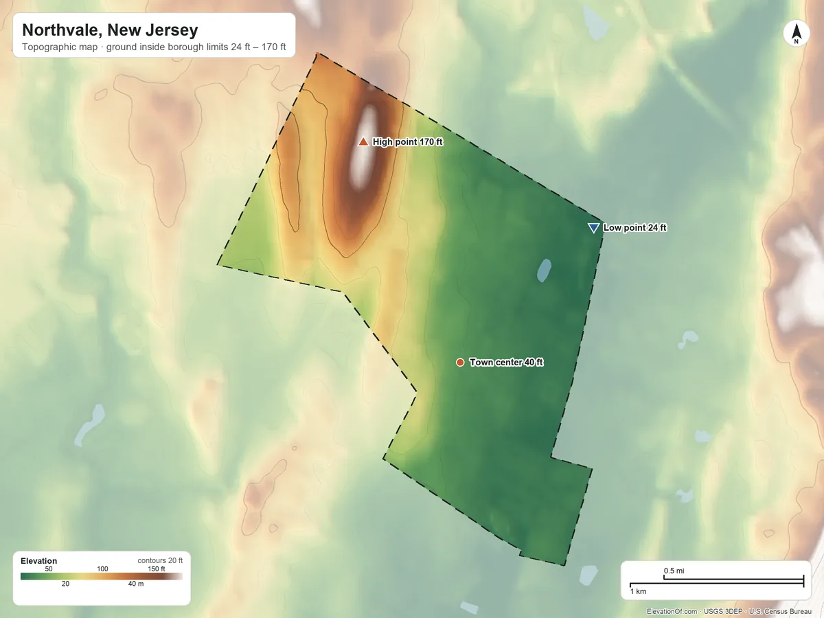 Topographic elevation map of Northvale, New Jersey, shaded from 24 ft on the northeast side to 170 ft on the northwest side