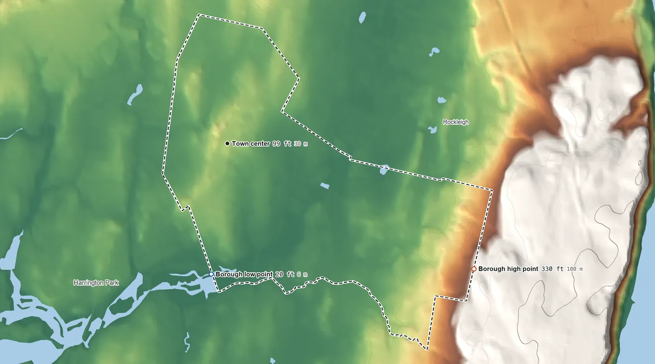 Topographic elevation map of Norwood, New Jersey, shaded from 20 ft on the south side to 330 ft on the southeast side