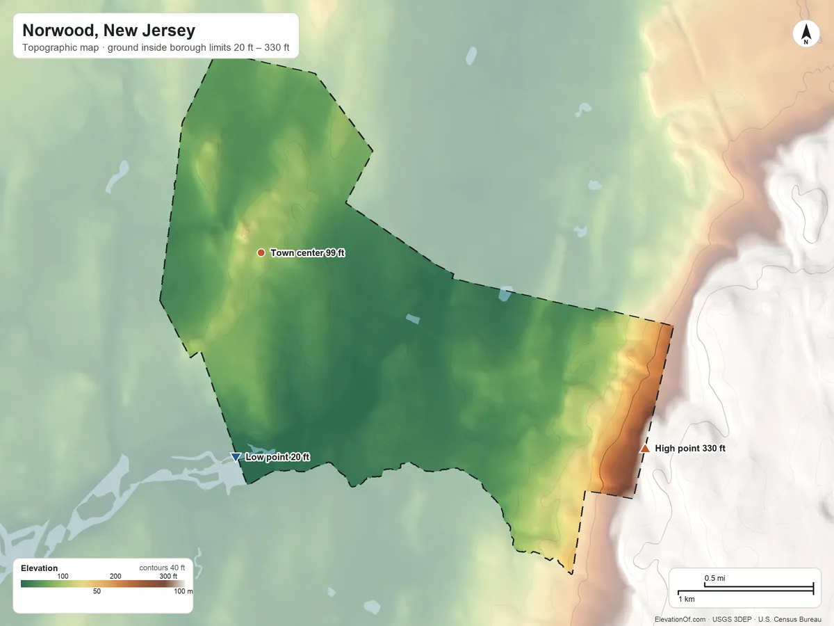 Topographic elevation map of Norwood, New Jersey, shaded from 20 ft on the south side to 330 ft on the southeast side