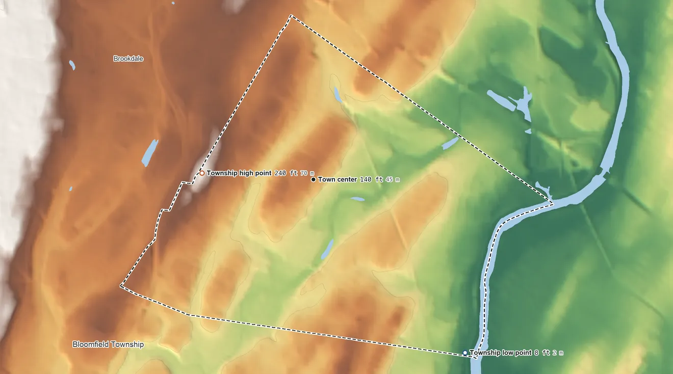 Topographic elevation map of Nutley Township, New Jersey, shaded from 8 ft on the southeast side to 240 ft on the west side