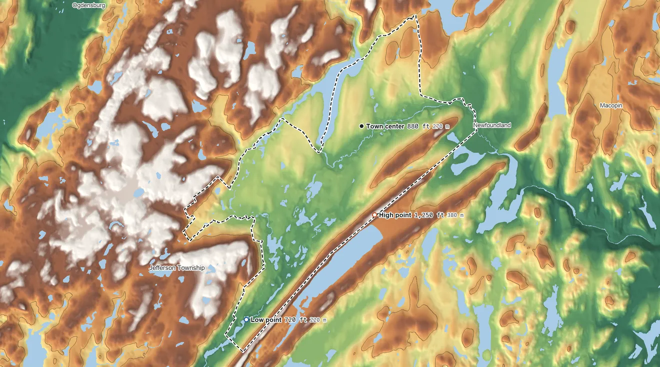Topographic elevation map of Oak Ridge, New Jersey, shaded from 720 ft on the southwest side to 1,250 ft on the south side