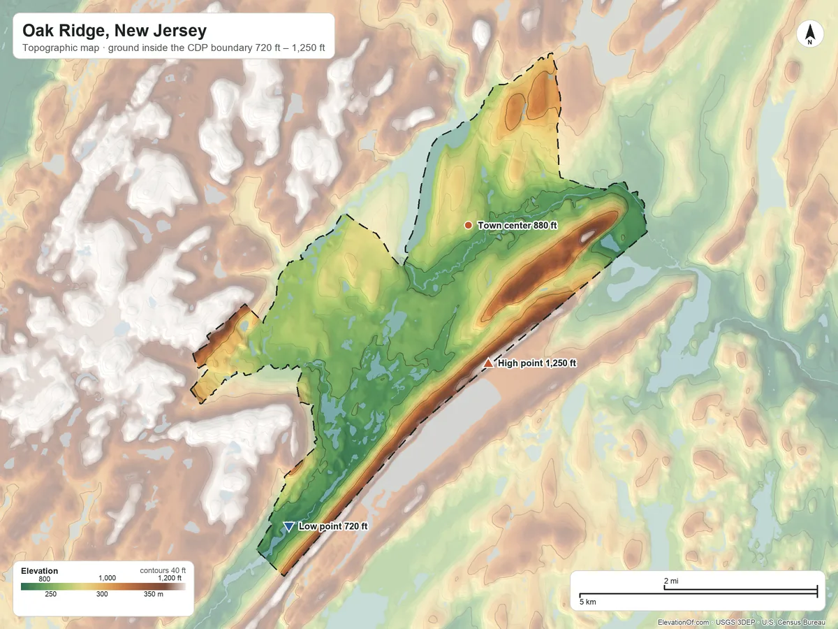 Topographic elevation map of Oak Ridge, New Jersey, shaded from 720 ft on the southwest side to 1,250 ft on the south side
