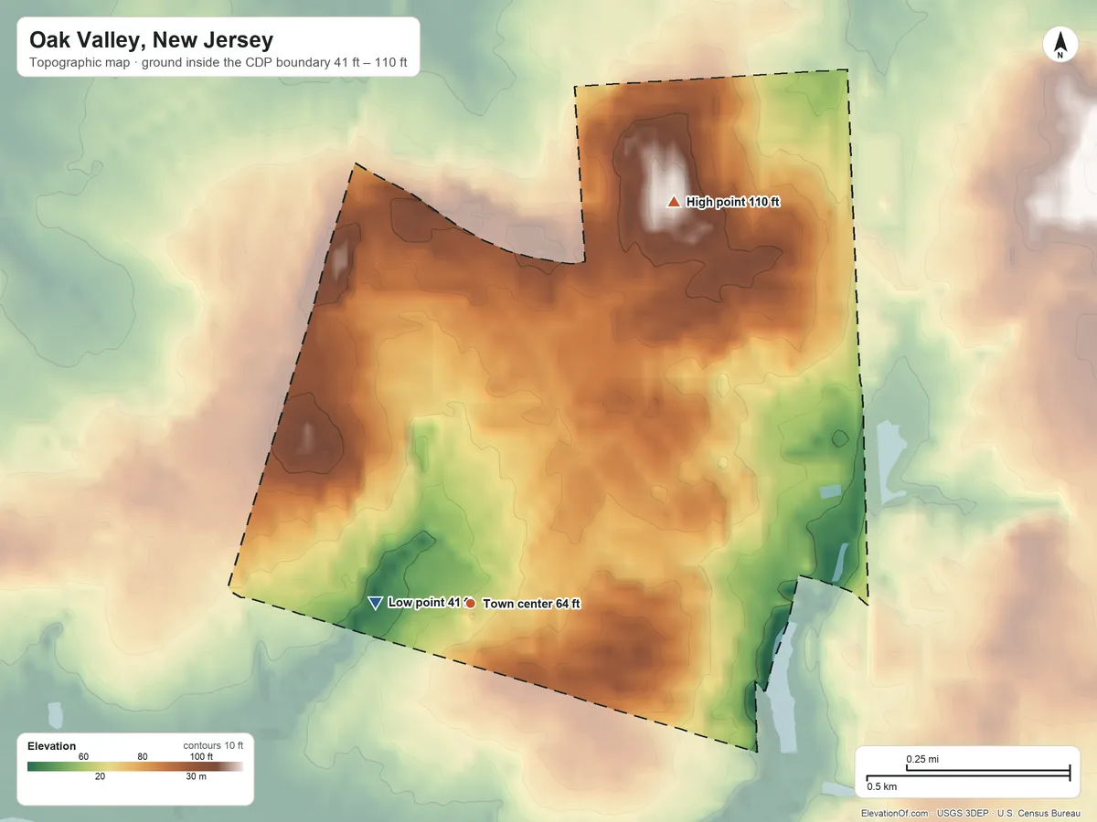 Topographic elevation map of Oak Valley, New Jersey, shaded from 41 ft on the west side to 110 ft on the northeast side