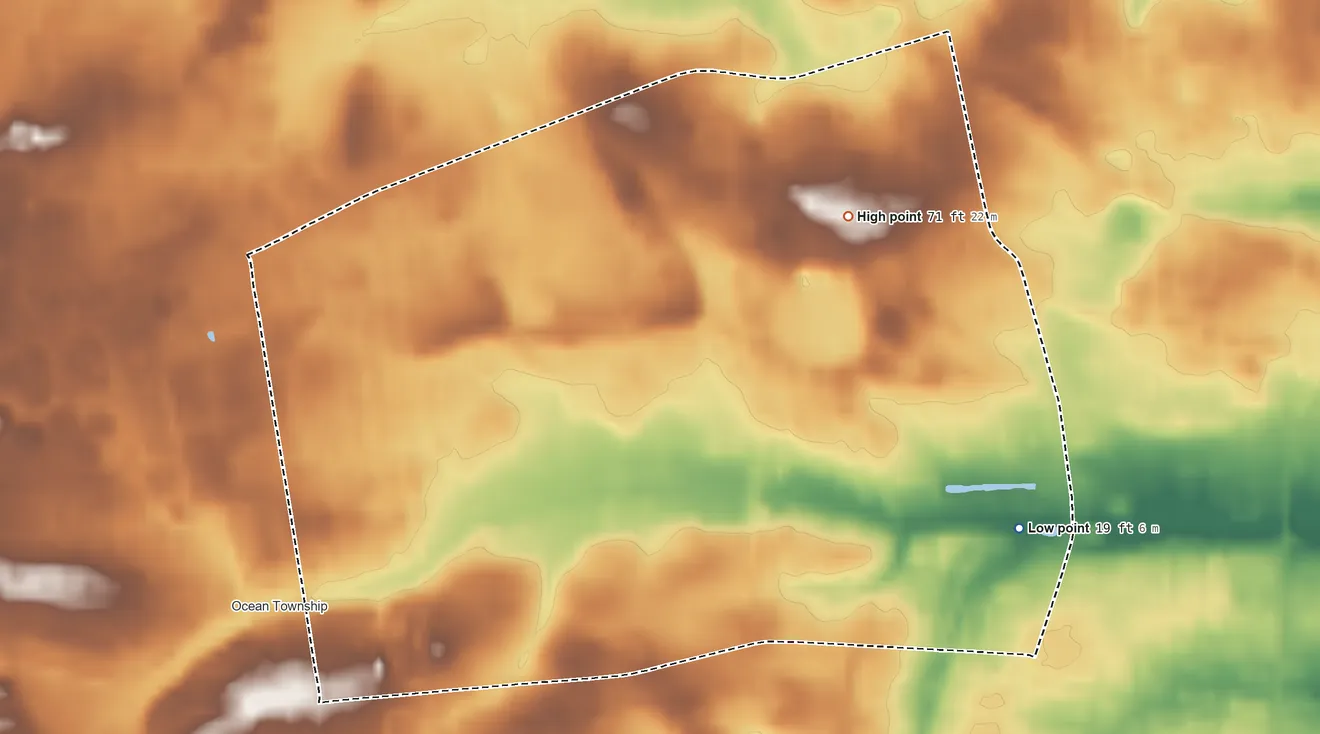 Topographic elevation map of Oakhurst, New Jersey, shaded from 19 ft on the southeast side to 71 ft on the northeast side