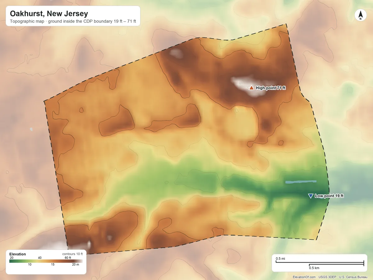 Topographic elevation map of Oakhurst, New Jersey, shaded from 19 ft on the southeast side to 71 ft on the northeast side
