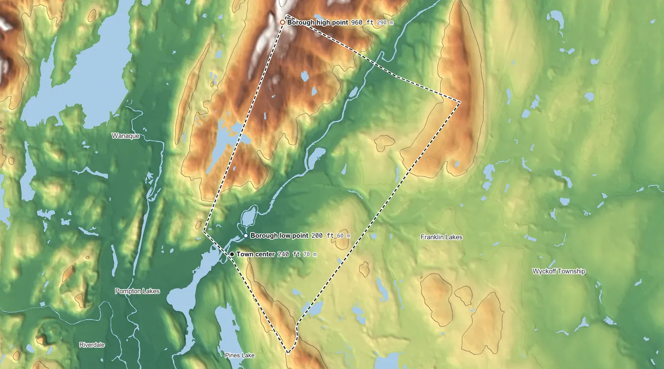 Topographic elevation map of Oakland, New Jersey, shaded from 200 ft near the middle to 960 ft on the north side