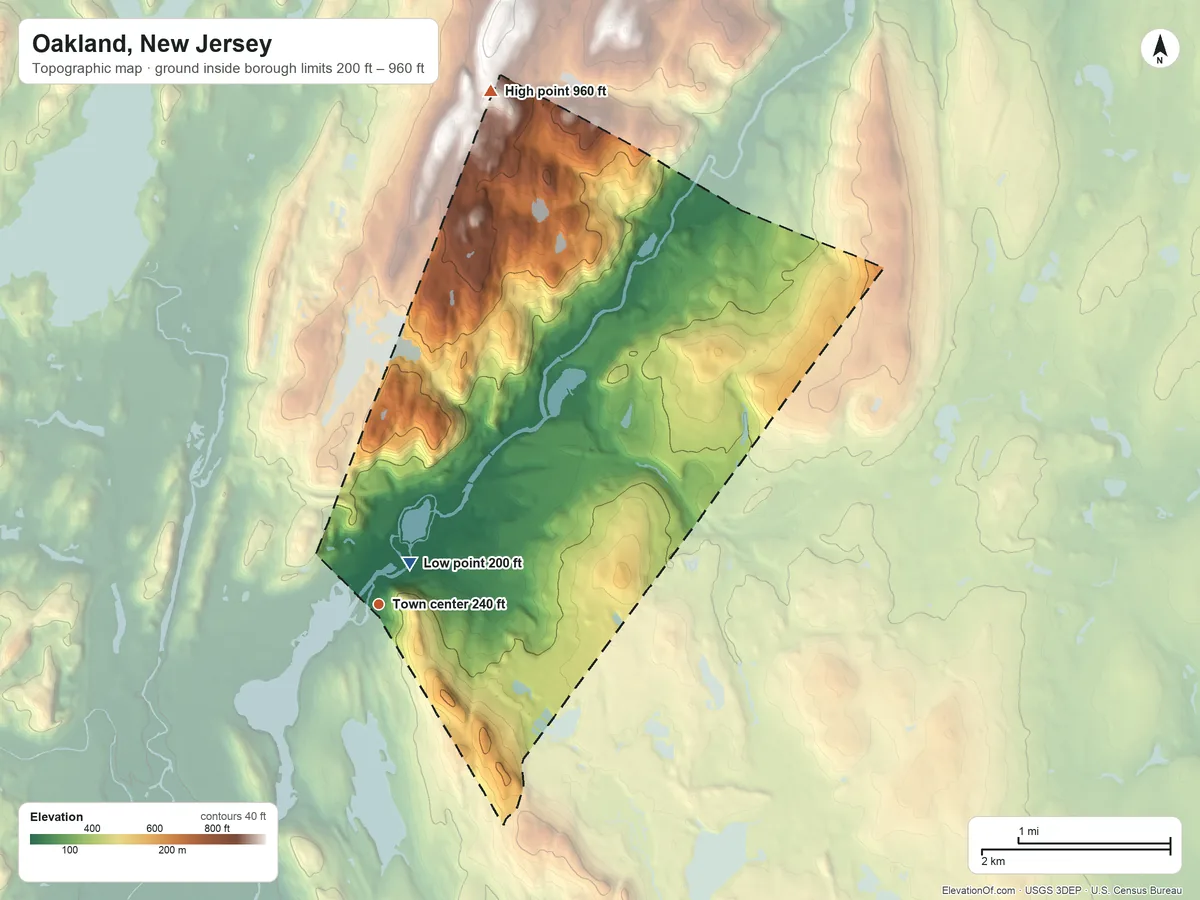 Topographic elevation map of Oakland, New Jersey, shaded from 200 ft near the middle to 960 ft on the north side