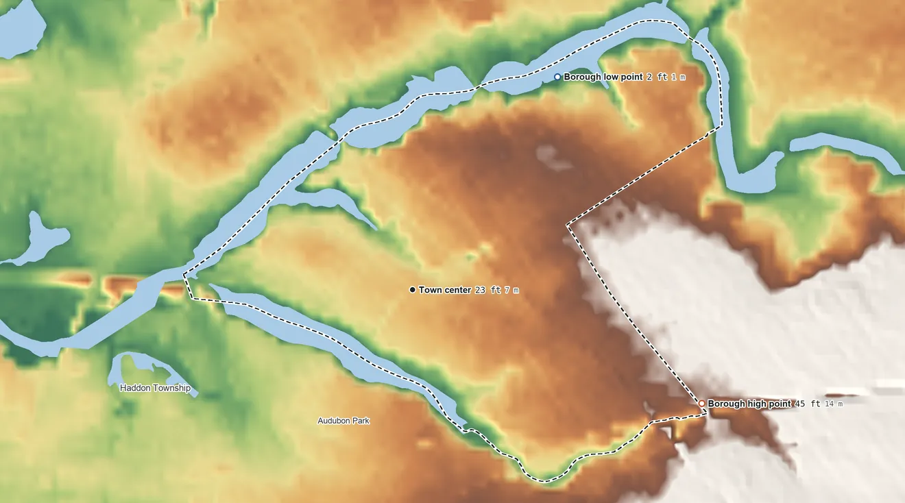 Topographic elevation map of Oaklyn, New Jersey, shaded from 2 ft on the northeast side to 45 ft on the east side