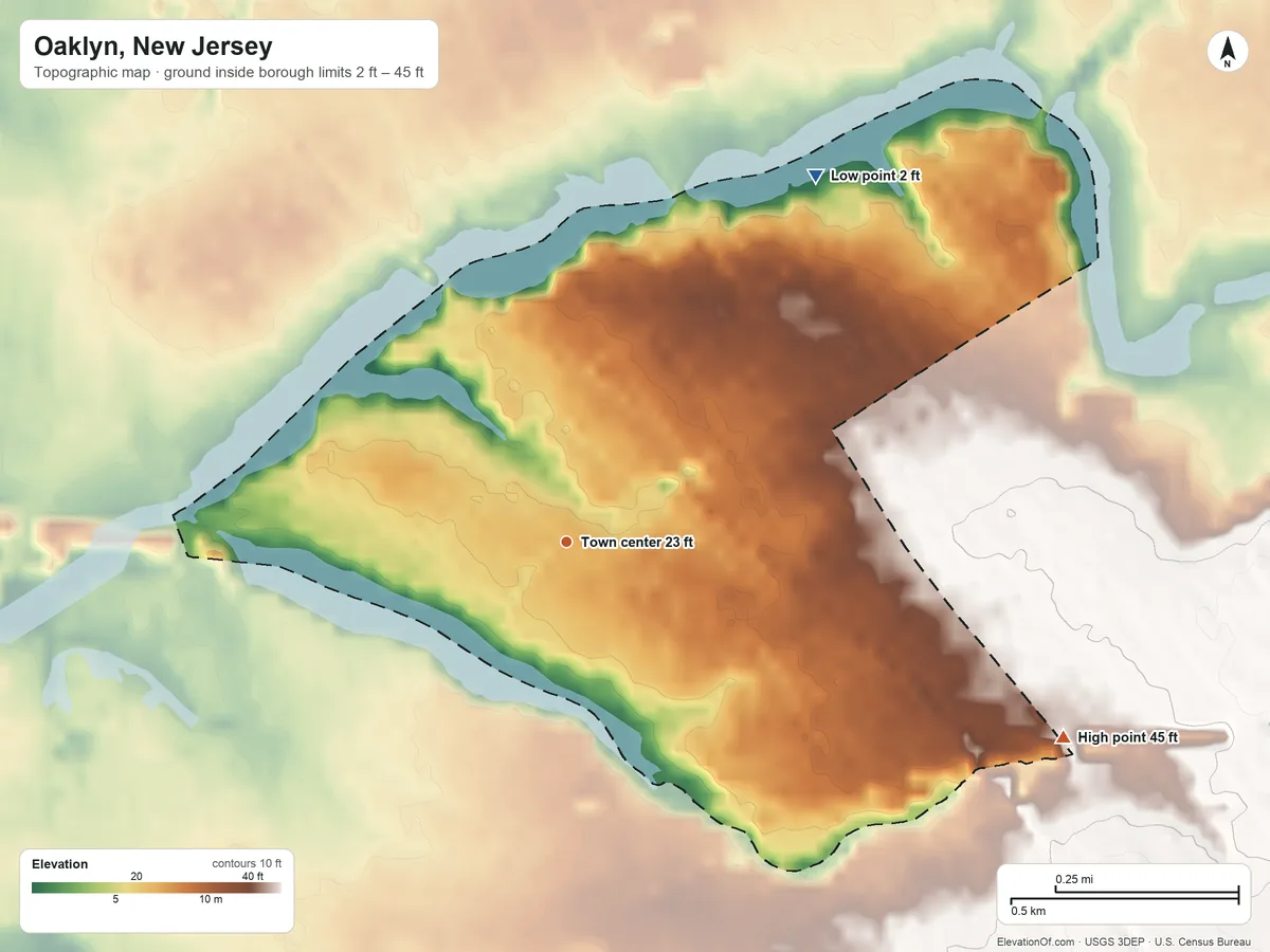 Topographic elevation map of Oaklyn, New Jersey, shaded from 2 ft on the northeast side to 45 ft on the east side