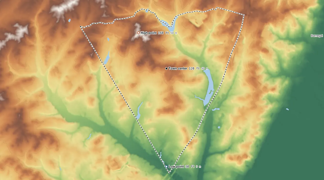 Topographic elevation map of Ocean Acres, New Jersey, shaded from 30 ft on the south side to 160 ft on the northwest side