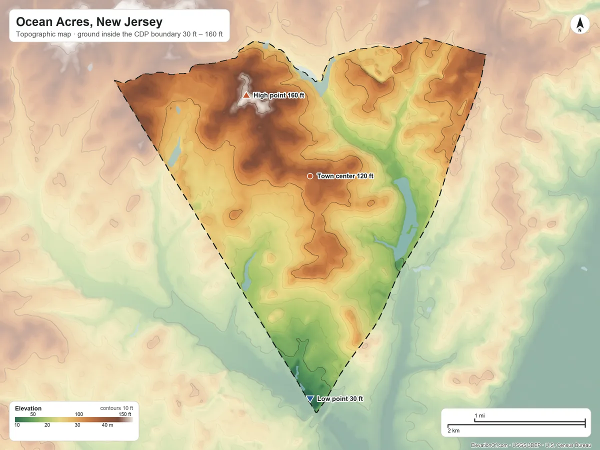 Topographic elevation map of Ocean Acres, New Jersey, shaded from 30 ft on the south side to 160 ft on the northwest side